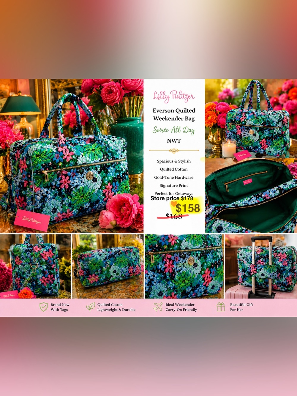 Gorgeous Lilly Pulitzer Everson Quilted Weekender Bag - Green, Pink, Blue